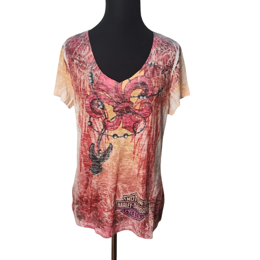 Women's Harley-Davidson Orange and Red T-Shirt Petersons Key West Size Large